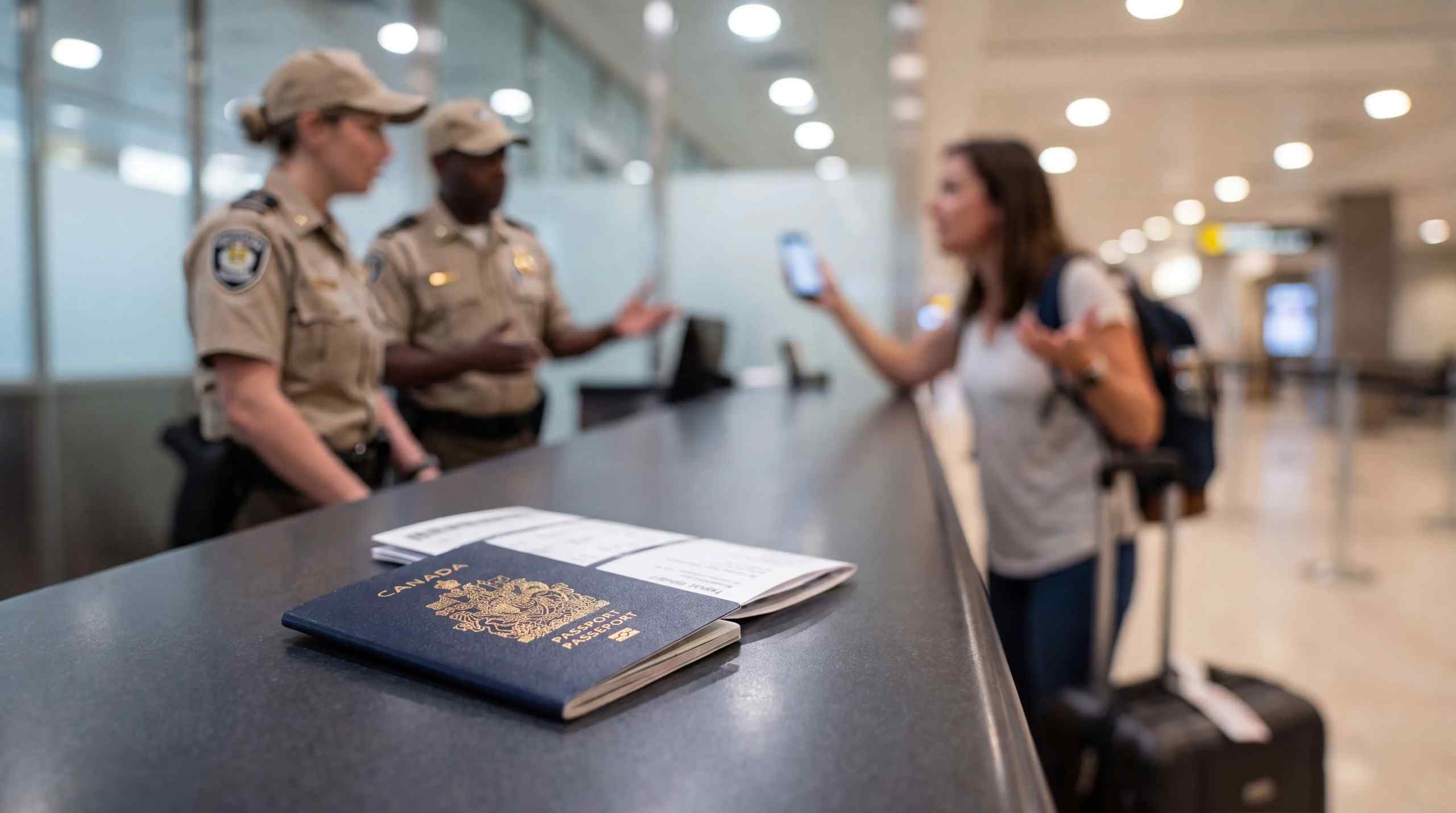 A passport and visa on the counter.